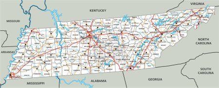 Alta hoja de ruta detallada de Tennessee con etiquetado.
