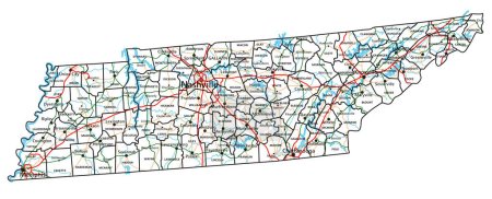 Téléchargez les illustrations : Carte routière et autoroutière du Tennessee. Illustration vectorielle. - en licence libre de droit