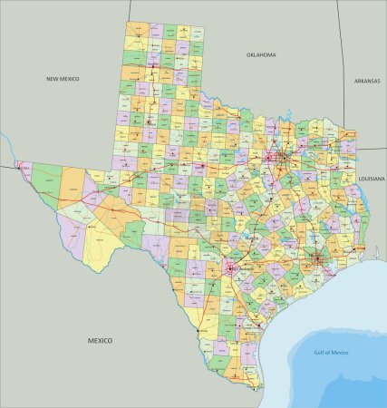 Téléchargez les illustrations : Texas - Carte politique éditable très détaillée avec étiquetage. - en licence libre de droit