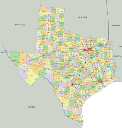 Ilustración de Texas - Mapa político editable altamente detallado con etiquetado. - Imagen libre de derechos