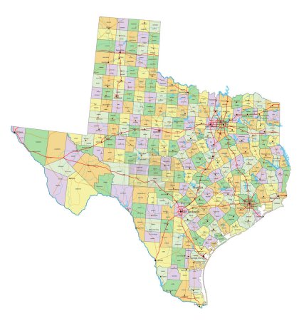 Ilustración de Texas - Mapa político editable altamente detallado con etiquetado. - Imagen libre de derechos