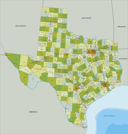 Téléchargez les illustrations : Carte politique modifiable très détaillée avec des couches séparées. Texas. - en licence libre de droit
