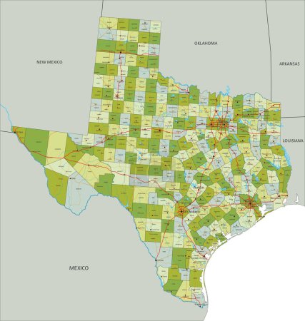 Téléchargez les illustrations : Carte politique modifiable très détaillée avec des couches séparées. Texas. - en licence libre de droit