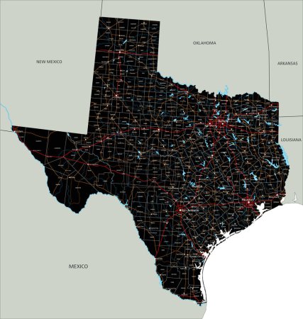 Ilustración de Hoja de ruta de Texas detallada con etiquetado. - Imagen libre de derechos