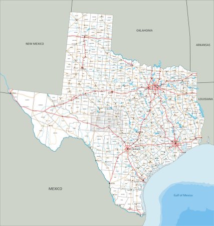 Téléchargez les illustrations : Carte routière détaillée du Texas avec étiquetage. - en licence libre de droit