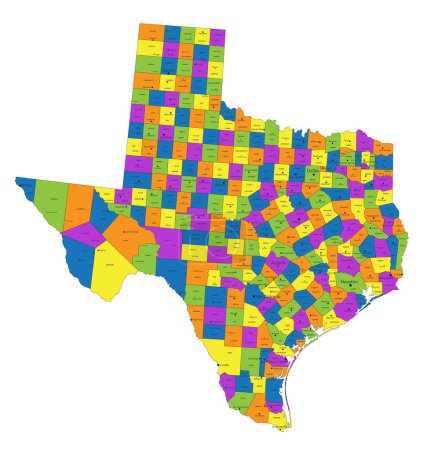 Téléchargez les illustrations : Carte politique texane colorée avec des couches clairement étiquetées et séparées. Illustration vectorielle. - en licence libre de droit