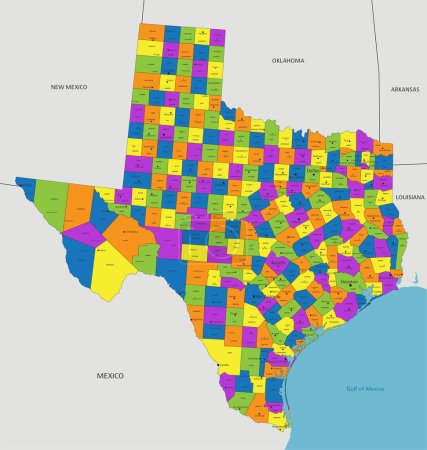 Ilustración de Colorido mapa político de Texas con capas claramente etiquetadas y separadas. Ilustración vectorial. - Imagen libre de derechos