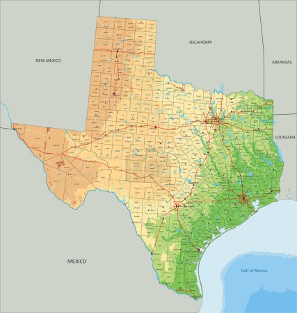Ilustración de Alto mapa físico detallado de Texas con etiquetado. - Imagen libre de derechos