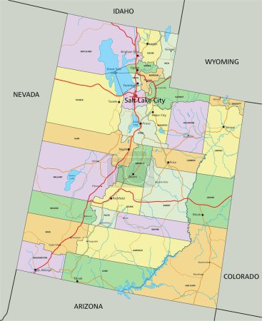 Ilustración de Utah - Mapa político editable altamente detallado con etiquetado. - Imagen libre de derechos