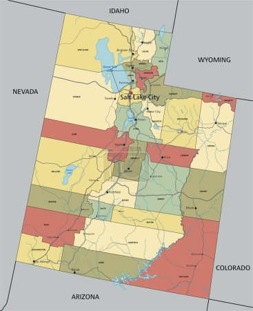 Ilustración de Utah - Mapa político editable altamente detallado con etiquetado. - Imagen libre de derechos