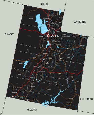 Ilustración de Hoja de ruta detallada de Utah con etiquetado. - Imagen libre de derechos