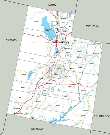 Ilustración de Hoja de ruta detallada de Utah con etiquetado. - Imagen libre de derechos