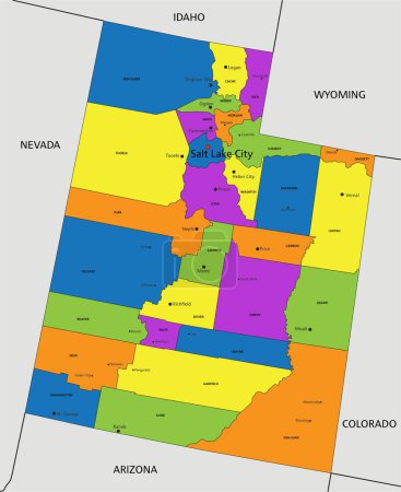 Ilustración de Colorido mapa político de Utah con capas claramente etiquetadas y separadas. Ilustración vectorial. - Imagen libre de derechos
