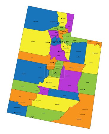 Ilustración de Colorido mapa político de Utah con capas claramente etiquetadas y separadas. Ilustración vectorial. - Imagen libre de derechos