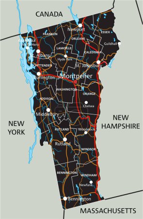 Téléchargez les illustrations : Carte routière détaillée du Vermont avec étiquetage. - en licence libre de droit