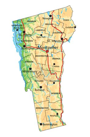 Ilustración de Alto mapa físico detallado de Vermont con etiquetado. - Imagen libre de derechos