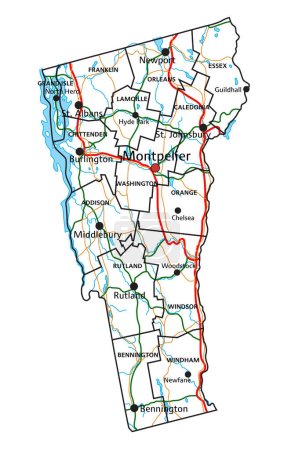 Téléchargez les illustrations : Carte routière et routière du Vermont. Illustration vectorielle. - en licence libre de droit