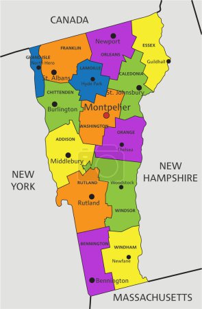 Ilustración de Colorido mapa político de Vermont con capas claramente etiquetadas y separadas. Ilustración vectorial. - Imagen libre de derechos