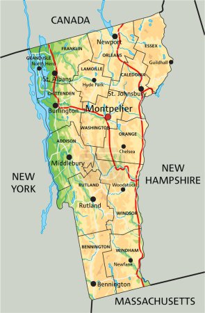Ilustración de Alto mapa físico detallado de Vermont con etiquetado. - Imagen libre de derechos