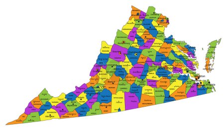 Ilustración de Colorido mapa político de Virginia con capas claramente etiquetadas y separadas. Ilustración vectorial. - Imagen libre de derechos