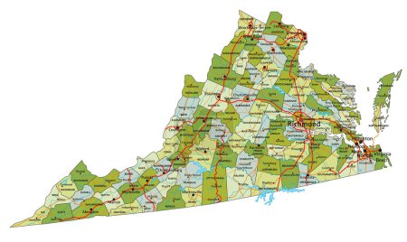 Ilustración de Mapa político editable altamente detallado con capas separadas. Virginia - Imagen libre de derechos