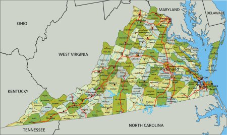 Téléchargez les illustrations : Carte politique modifiable très détaillée avec des couches séparées. Virginie - en licence libre de droit