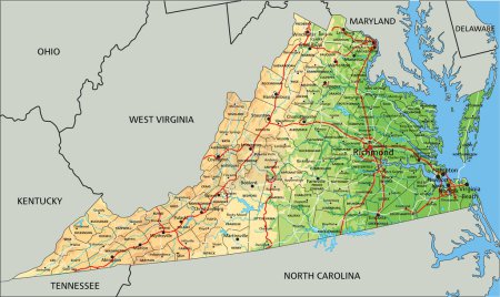 Téléchargez les illustrations : Carte physique détaillée de la Virginie avec étiquetage. - en licence libre de droit
