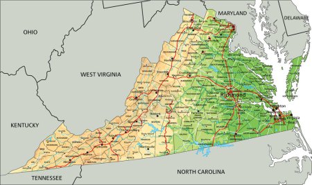 Alto mapa físico detallado de Virginia con etiquetado.