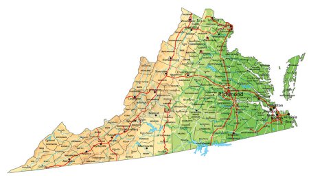 Téléchargez les illustrations : Carte physique détaillée de la Virginie avec étiquetage. - en licence libre de droit