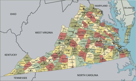 Ilustración de Virginia - Mapa político editable altamente detallado con etiquetado. - Imagen libre de derechos