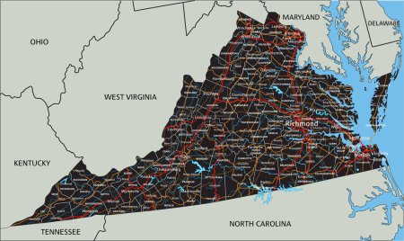 Téléchargez les illustrations : Carte routière détaillée de Virginie avec étiquetage. - en licence libre de droit