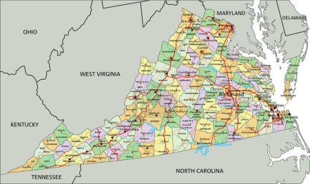 Ilustración de Virginia - Mapa político editable altamente detallado con etiquetado. - Imagen libre de derechos
