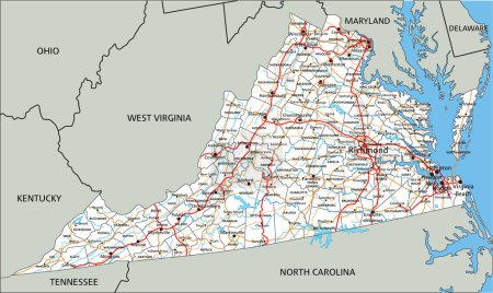 Téléchargez les illustrations : Carte routière détaillée de Virginie avec étiquetage. - en licence libre de droit