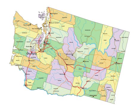 Ilustración de Washington - Mapa político editable altamente detallado con etiquetado. - Imagen libre de derechos
