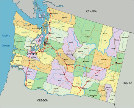 Ilustración de Washington - Mapa político editable altamente detallado con etiquetado. - Imagen libre de derechos