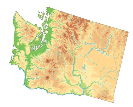 Ilustración de Mapa físico de Washington altamente detallado. - Imagen libre de derechos