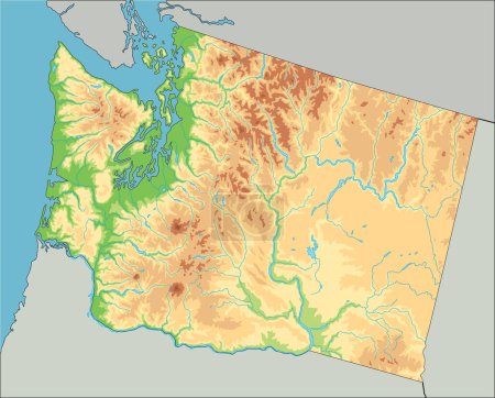 Ilustración de Mapa físico de Washington altamente detallado. - Imagen libre de derechos