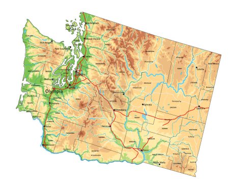 Ilustración de Mapa físico de Washington altamente detallado con etiquetado. - Imagen libre de derechos
