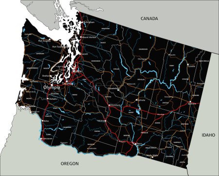 Ilustración de Hoja de ruta detallada de Washington con etiquetado. - Imagen libre de derechos