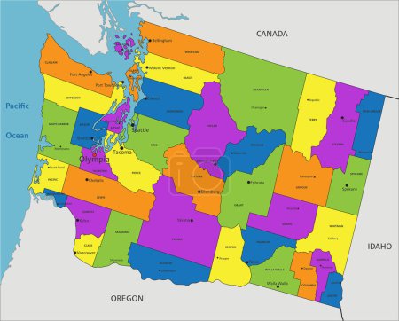 Téléchargez les illustrations : Carte politique colorée de Washington avec des couches clairement étiquetées et séparées. Illustration vectorielle. - en licence libre de droit