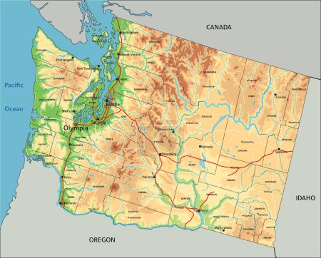 Ilustración de Mapa físico de Washington altamente detallado con etiquetado. - Imagen libre de derechos