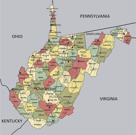 Téléchargez les illustrations : Virginie-Occidentale - Carte politique éditable très détaillée avec étiquetage. - en licence libre de droit