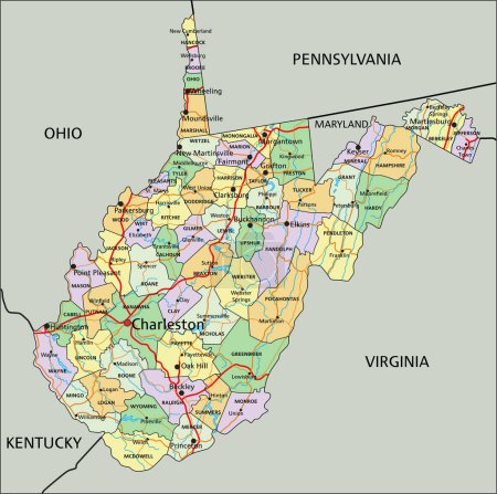 Téléchargez les illustrations : Virginie-Occidentale - Carte politique éditable très détaillée avec étiquetage. - en licence libre de droit