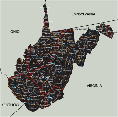 Téléchargez les illustrations : Carte routière détaillée de Virginie-Occidentale avec étiquetage. - en licence libre de droit