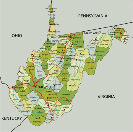 Ilustración de Mapa político editable altamente detallado con capas separadas. Virginia Occidental. - Imagen libre de derechos