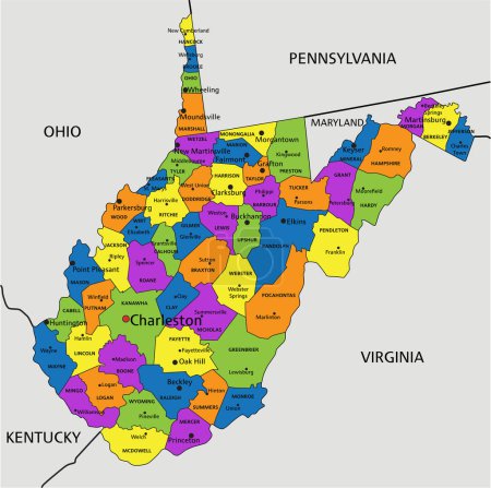 Ilustración de Colorido mapa político de Virginia Occidental con capas claramente etiquetadas y separadas. Ilustración vectorial. - Imagen libre de derechos