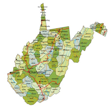 Ilustración de Mapa político editable altamente detallado con capas separadas. Virginia Occidental. - Imagen libre de derechos