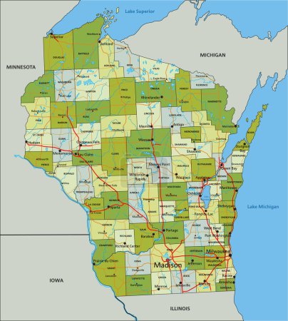 Ilustración de Mapa político editable altamente detallado con capas separadas. Wisconsin. - Imagen libre de derechos