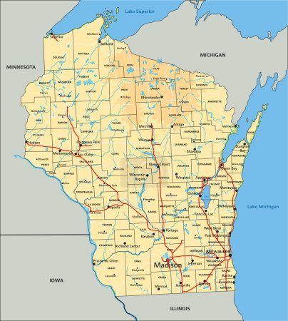 Téléchargez les illustrations : Carte physique détaillée du Wisconsin avec étiquetage. - en licence libre de droit