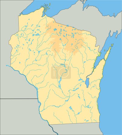 Téléchargez les illustrations : Carte physique détaillée du Wisconsin. - en licence libre de droit